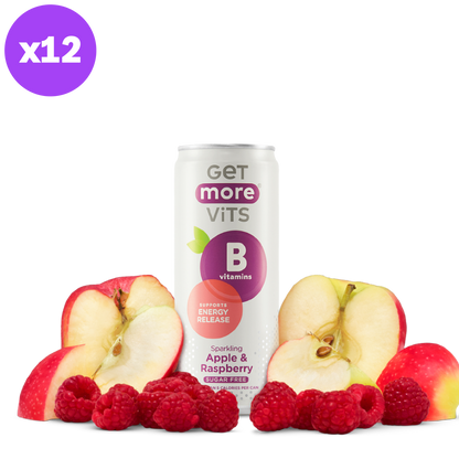 Get More Vits - Vitamin B Sparkling Apple & Raspberry 330ml Can (12 Pack)