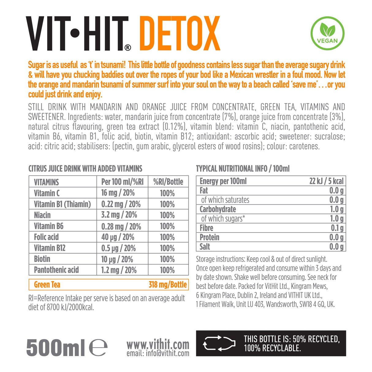 Vit-Hit Detox: Mandarin+Orange - 500ml (Pack of 12)
