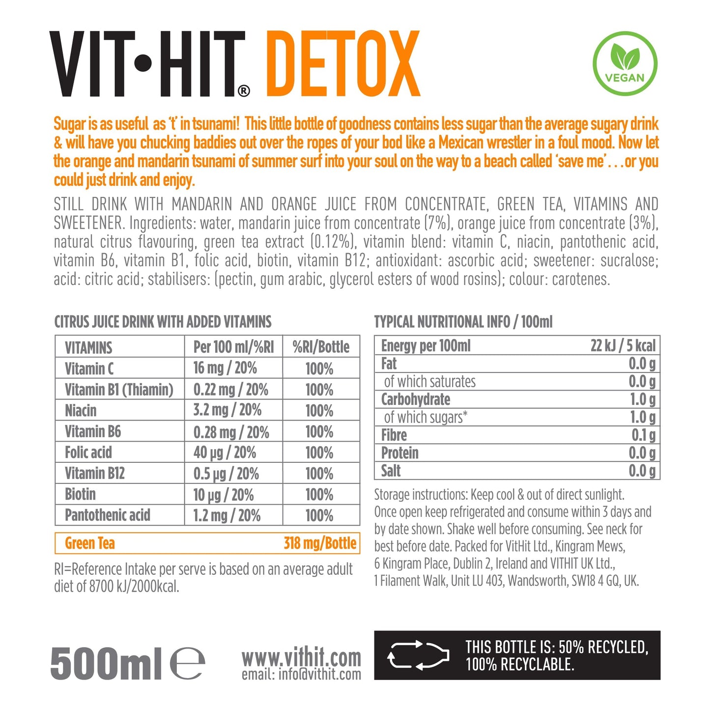 VITHIT Detox Mandarin & Orange - 500ml (Pack of 12)
