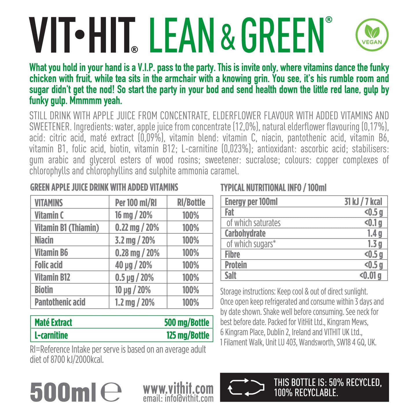 VITHIT Lean & Green Apple & Elderflower - 500ml (Pack of 12)