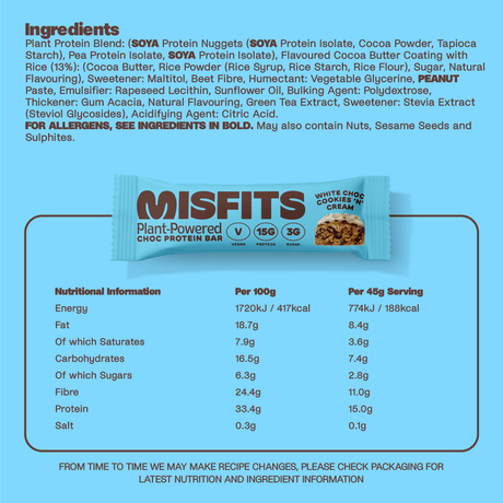 Misfits Vegan White Choc Cookies ‘N’ Cream Protein Bars - (12 x 45g) - Vending Superstore