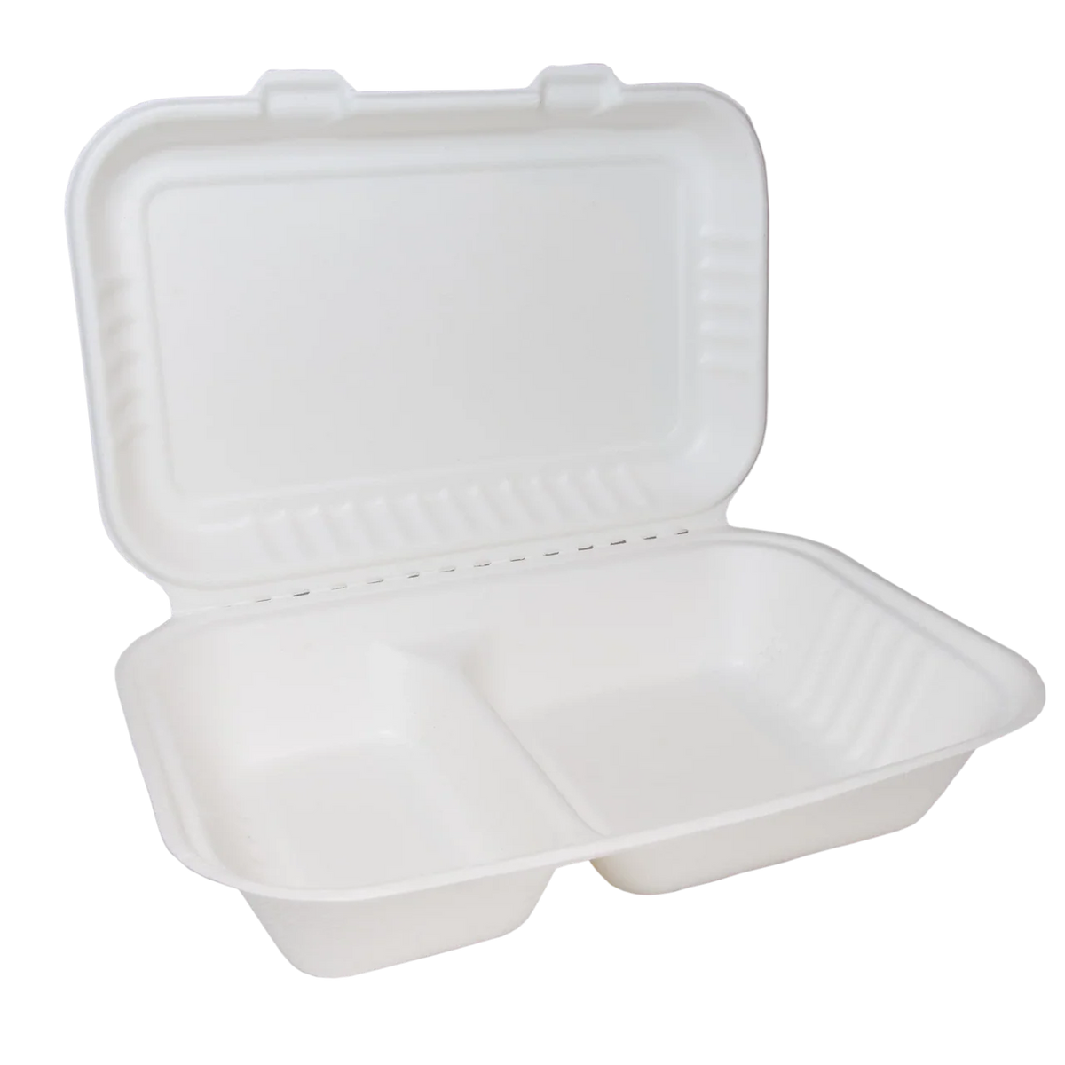 Two-Compartment Bagasse Clamshell Meal Boxes 9"x6" - Case of 200