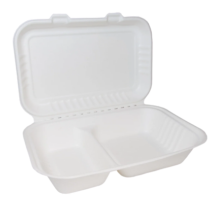 Two-Compartment Bagasse Clamshell Meal Boxes 9"x6" - Case of 200