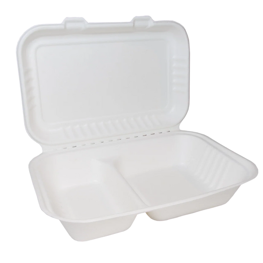Two-Compartment Bagasse Clamshell Meal Boxes 9"x6" - Case of 200