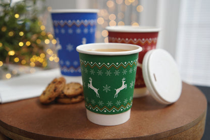 8oz Christmas Double Wall Coffee Cups - Green Reindeer Design - Case of 500