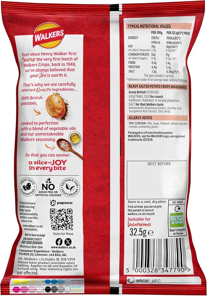 Walkers Ready Salted Crisps 32.5g - Box of 32