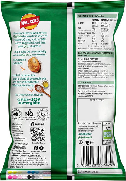 Walkers Crisps: Salt & Vinegar - 32.5g (Box of 32)