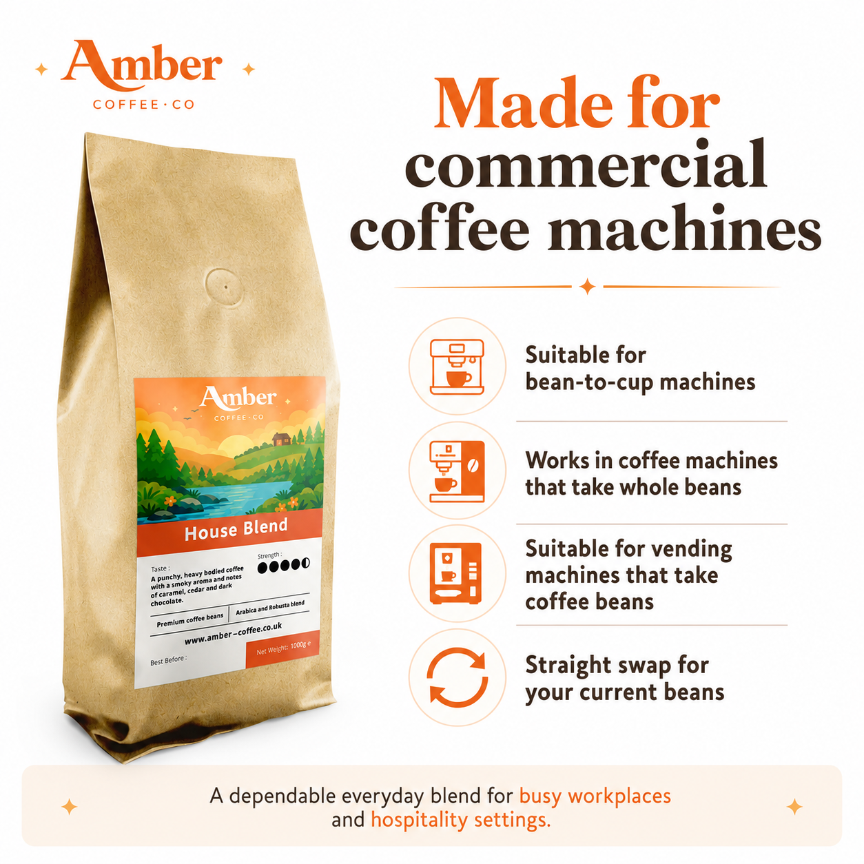 Amber Coffee Co House Blend Coffee Beans - 1kg (Case of 6)