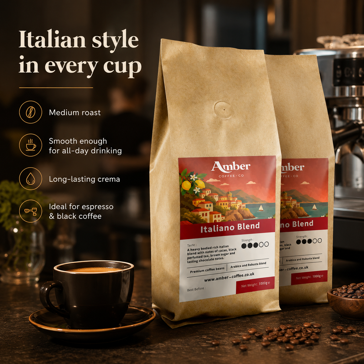 Amber Coffee Co Italiano Blend Coffee Beans - 1kg (Case of 6)