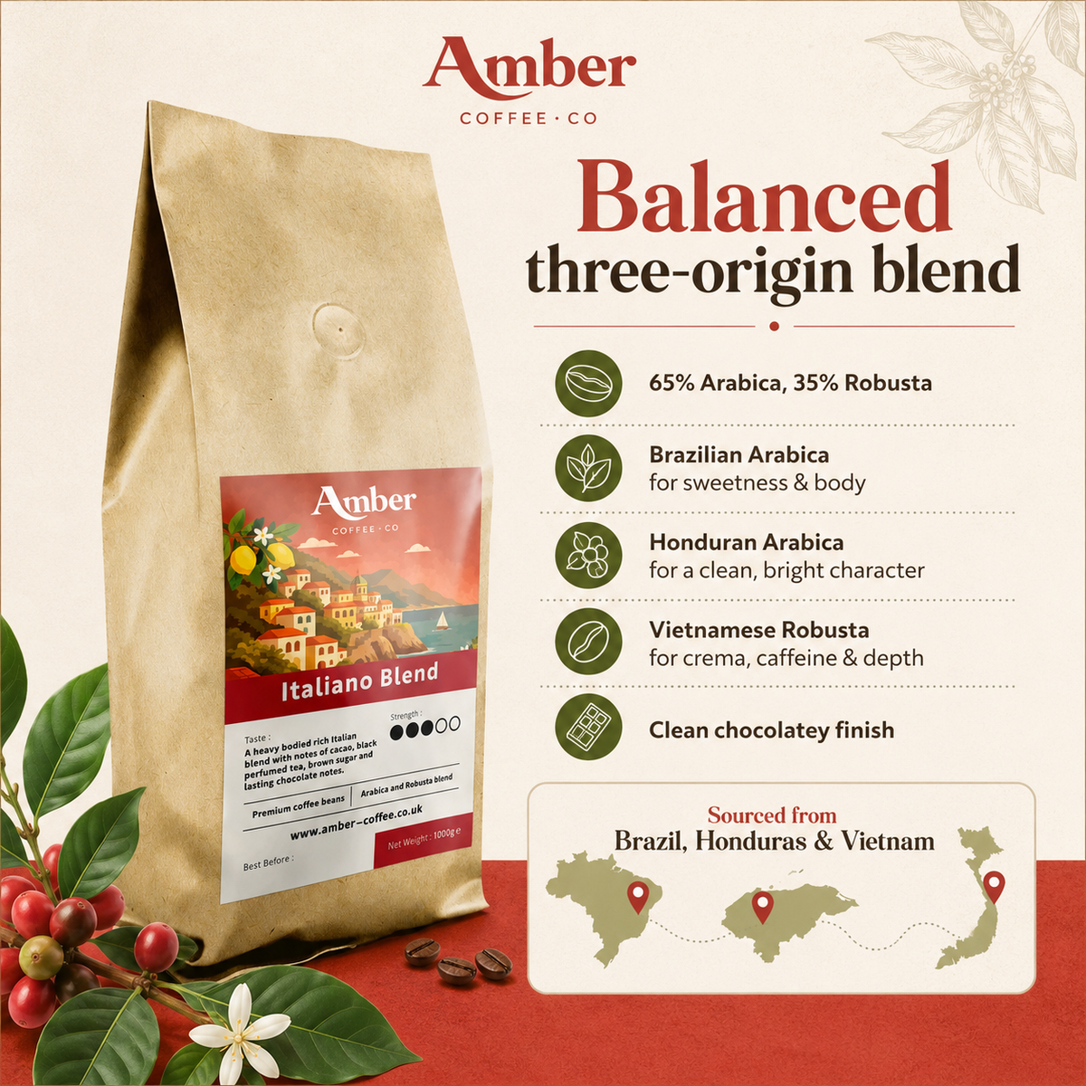 Amber Coffee Co Italiano Blend Coffee Beans - 1kg (Case of 6)