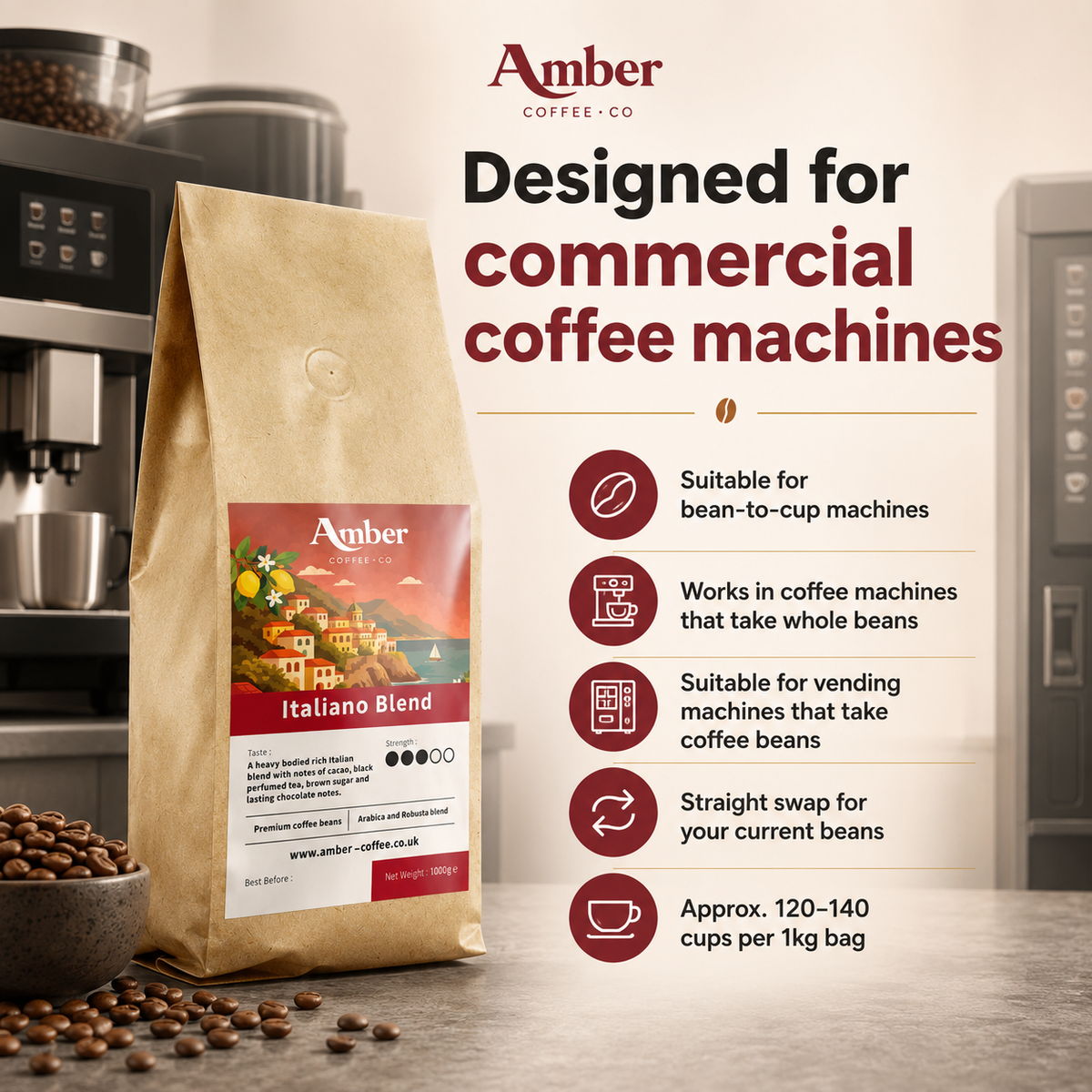 Amber Coffee Co Italiano Blend Coffee Beans - 1kg (Case of 6)