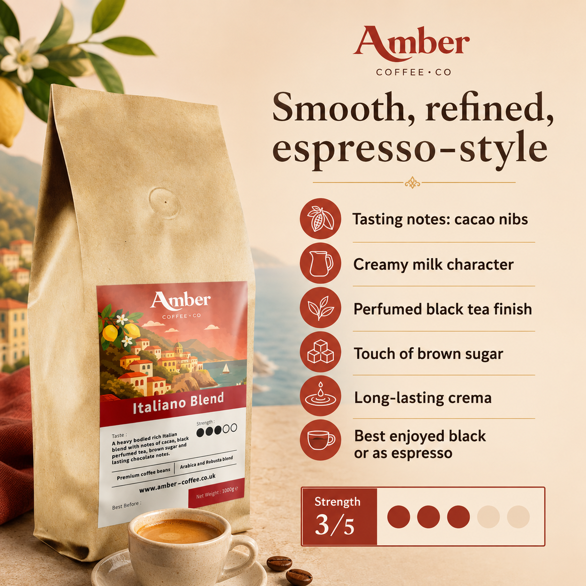 Amber Coffee Co Italiano Blend Coffee Beans - 1kg (Case of 6)