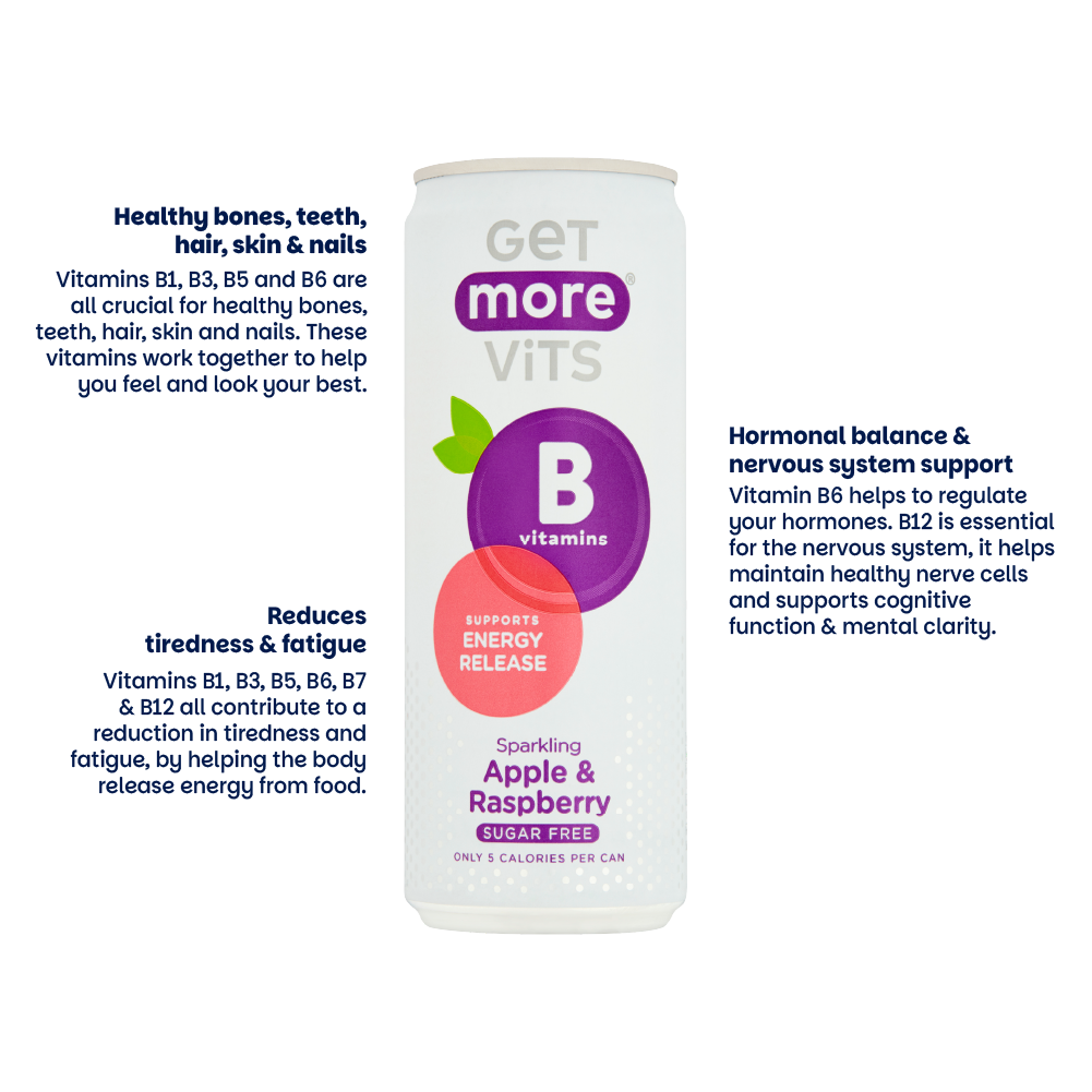 Get More Vits - Vitamin B Sparkling Apple & Raspberry 330ml Can (12 Pack)