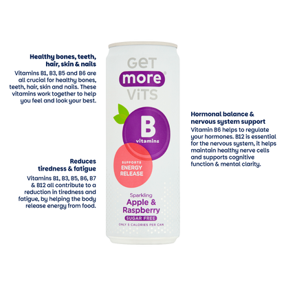 Get More Vits - Vitamin B Sparkling Apple & Raspberry 330ml Can (12 Pack)