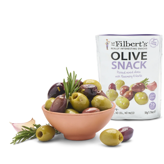 Mr Filbert's Rosemary & Garlic Mixed Olives – 50g (Box of 12)