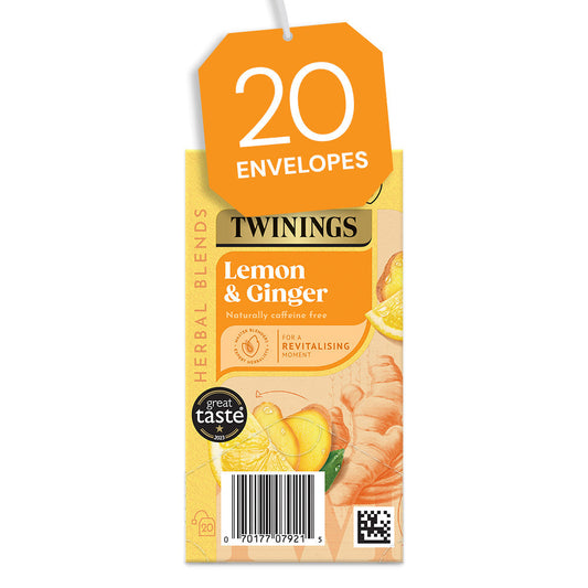 Twinings Lemon & Ginger Individually Wrapped Envelope Tea Bags – 20 Pack