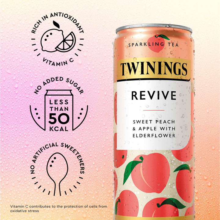 Twinings Revive Sparkling Tea - Sweet Peach & Apple With Elderflower - 12 x 250ml Cans