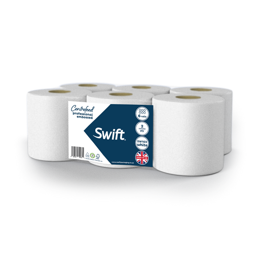 Swift White Embossed 2-Ply Professional Centrefeed Paper Rolls - Pack of 6