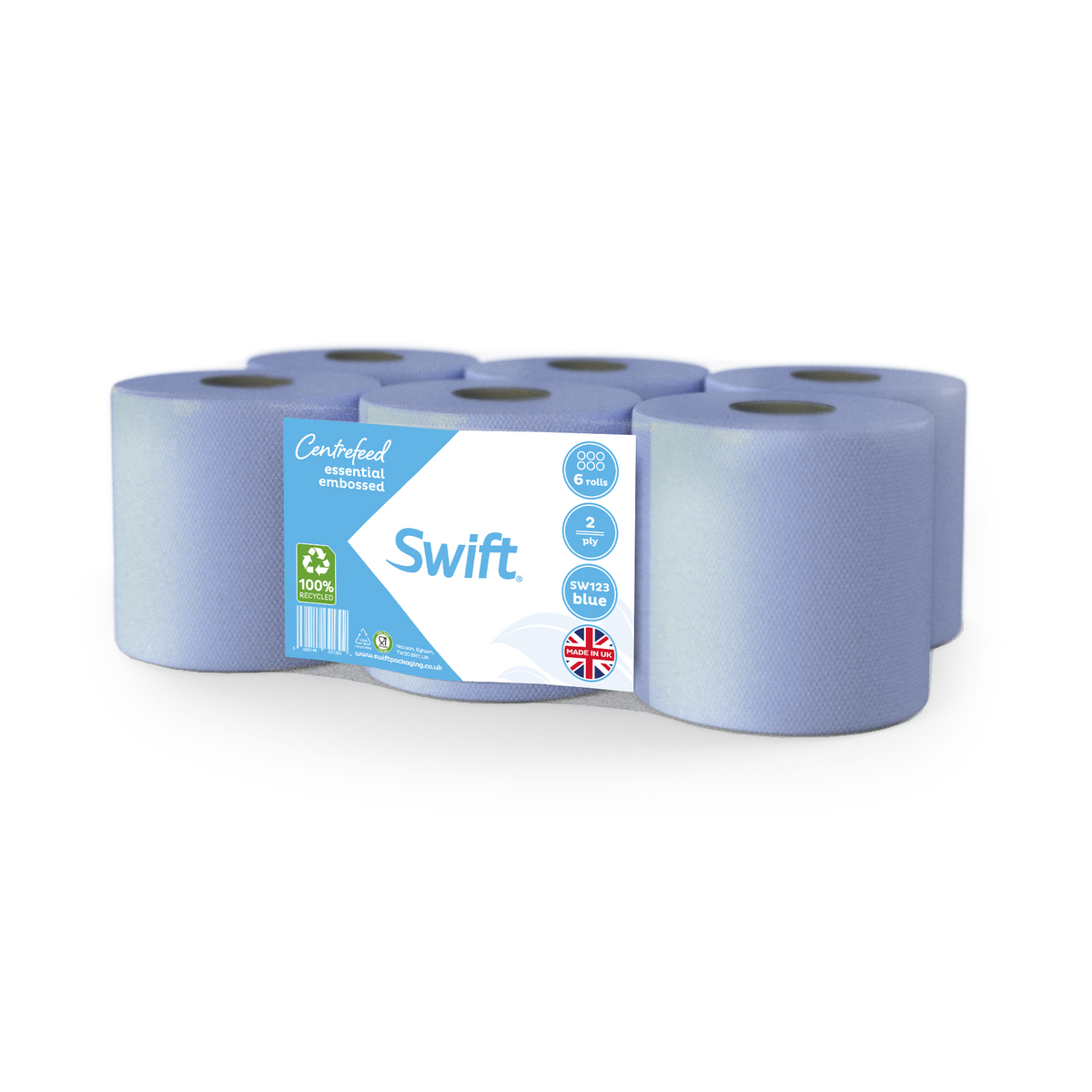 Swift Blue Economy Embossed 2-Ply Centrefeed Paper Rolls - Pack of 6