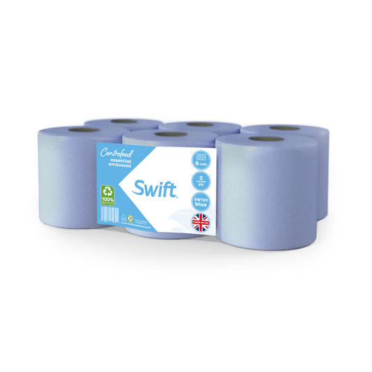Swift Blue Economy Embossed 2-Ply Centrefeed Paper Rolls - Pack of 6