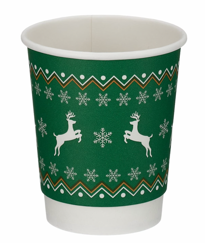 8oz Christmas Double Wall Coffee Cups - Green Reindeer Design - Case of 500