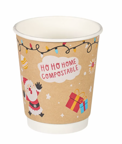 8oz Christmas Double Wall Aqueous Lined Compostable Coffee Cups - Case of 500
