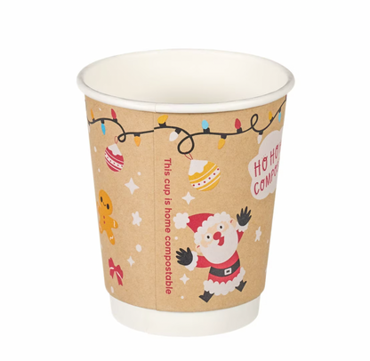 8oz Christmas Double Wall Aqueous Lined Compostable Coffee Cups - Case of 500