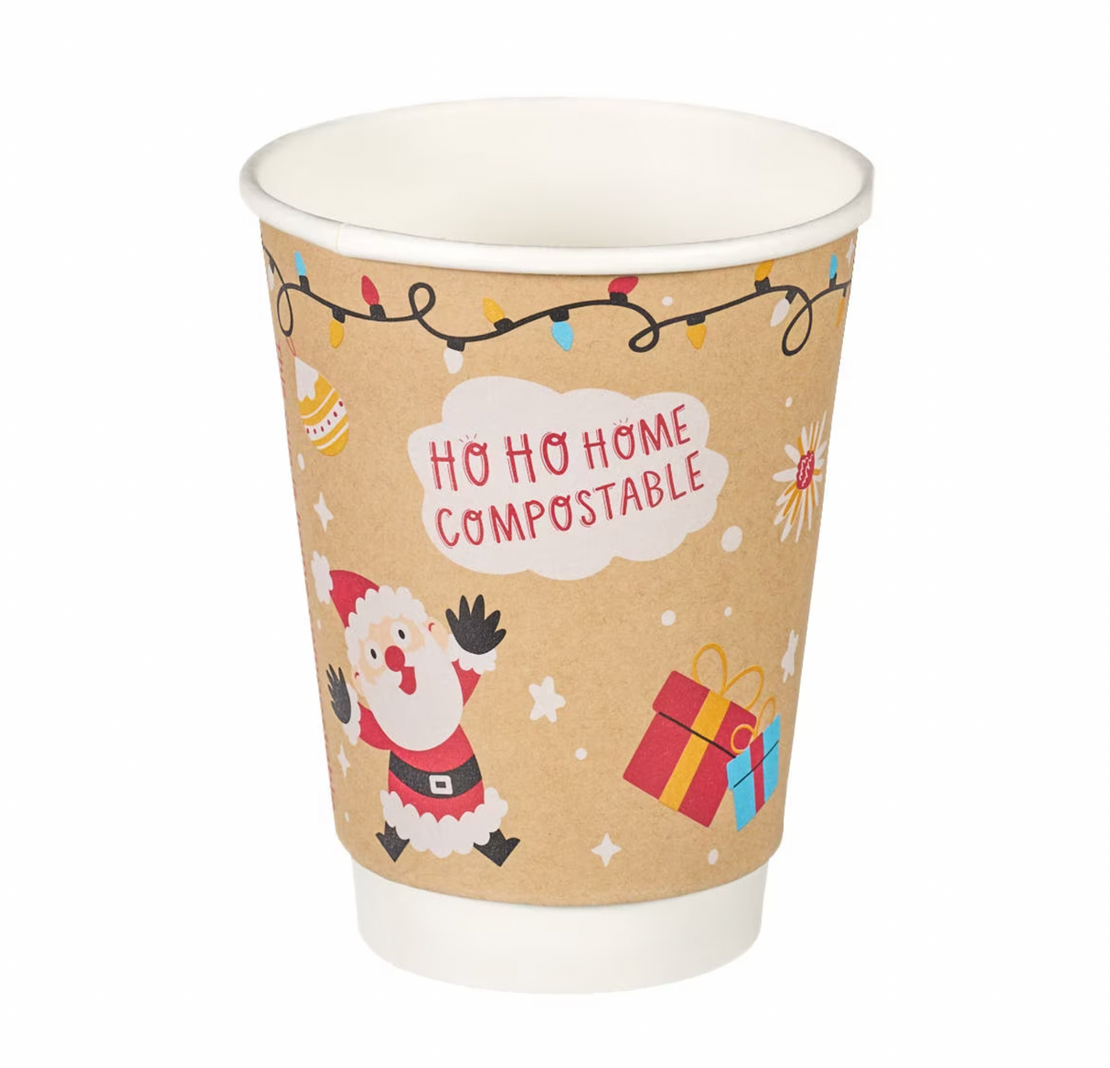 12oz Double Wall Aqueous Lined Compostable Christmas Coffee Takeaway Cups - Festive Design (Box of 500) (Code: XQ04133XM)