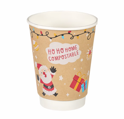 12oz Christmas Double Wall Aqueous Lined Compostable Coffee Cups - Case of 500