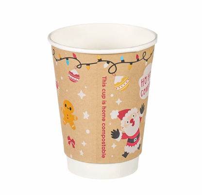 12oz Christmas Double Wall Aqueous Lined Compostable Coffee Cups - Case of 500