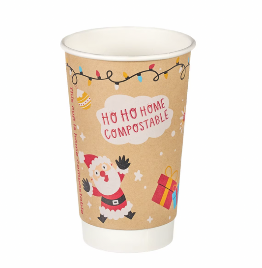 16oz Double Wall Aqueous Lined Compostable Christmas Coffee Takeaway Cups - Festive Design (Box of 500) (Code: XQ04144XM)