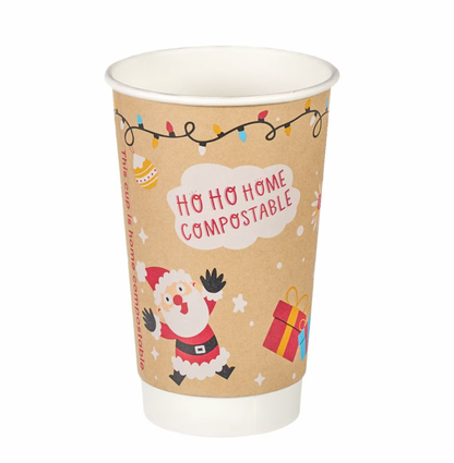 16oz Christmas Double Wall Aqueous Lined Compostable Coffee Cups - Case of 500