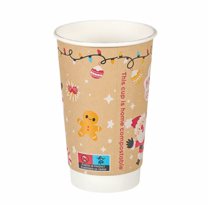 16oz Christmas Double Wall Aqueous Lined Compostable Coffee Cups - Case of 500