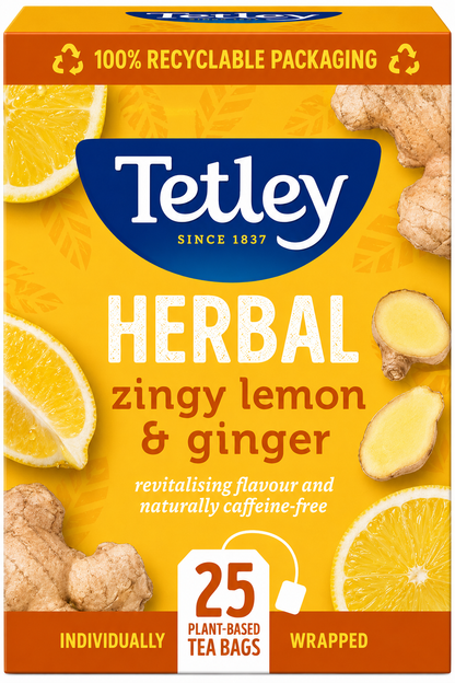Tetley Lemon & Ginger Individually Wrapped Envelope Tea Bags – 25 Pack
