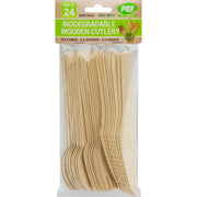 Wooden Cutlery Set Assorted - Pack of 24 (8 Knives, 8 Forks, 8 Spoons)