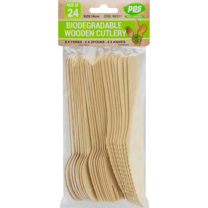 Wooden Cutlery Set Assorted - Pack of 24 (8 Knives, 8 Forks, 8 Spoons)