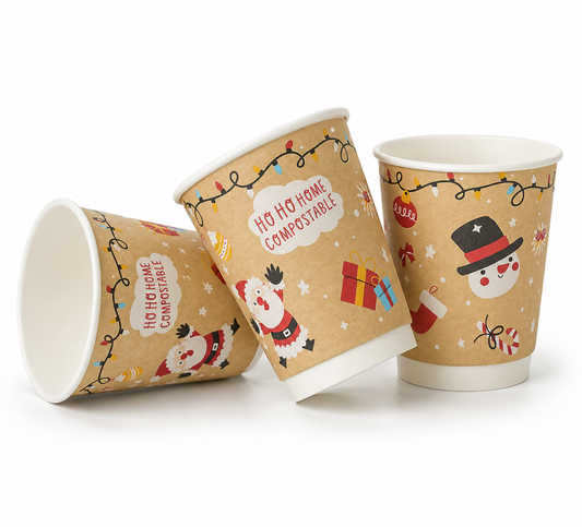 8oz Christmas Double Wall Aqueous Lined Compostable Coffee Cups - Case of 500