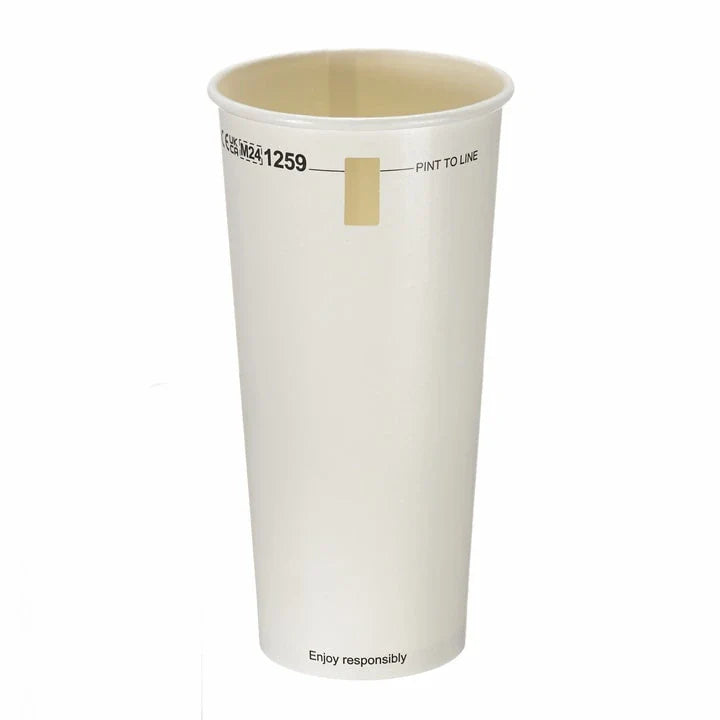 White Paper Pint Tumbler (568ml) with Window – Aqueous Lined Biodegradable (Box of 500)