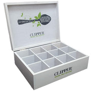 Clipper 12-Compartment Wooden Tea Display Box – Holds 96 Enveloped Tea Bags (White Stained)