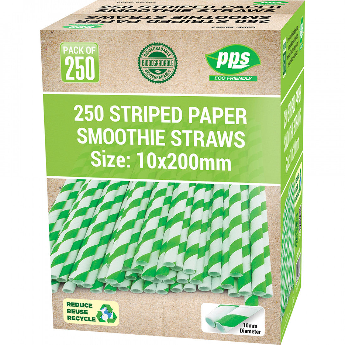 Green Striped Compostable Paper Smoothie Straws 10x200mm - Pack of 250