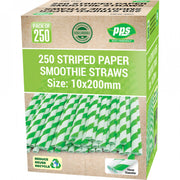 Green Striped Compostable Paper Smoothie Straws 10x200mm - Pack of 250
