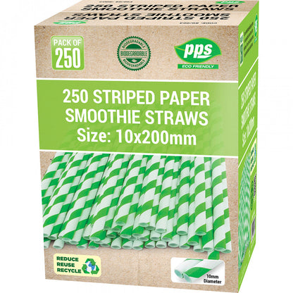 Green Striped Compostable Paper Smoothie Straws 10x200mm - Pack of 250