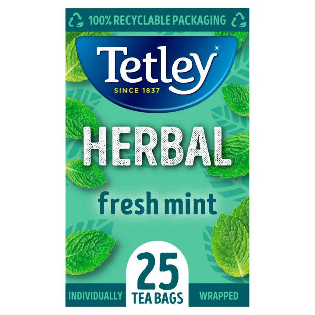 Tetley Fresh Mint Fusion Individually Wrapped Envelope Tea Bags – 25 Pack