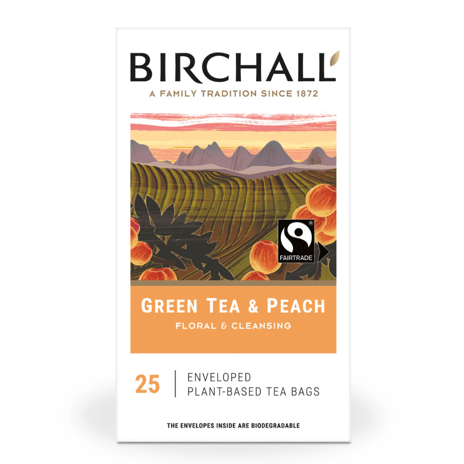 Birchall Green Tea & Peach Individually Wrapped Envelope Tea Bags – 25 Pack